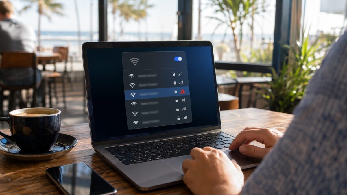 Laptop showing two Wi-Fi networks with the same name and a red warning, an evil twin attack risk for Fort Myers businesses