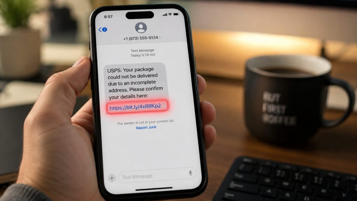 Smartphone showing a fake delivery scam text with a suspicious link, a common smishing attack on Fort Myers businesses