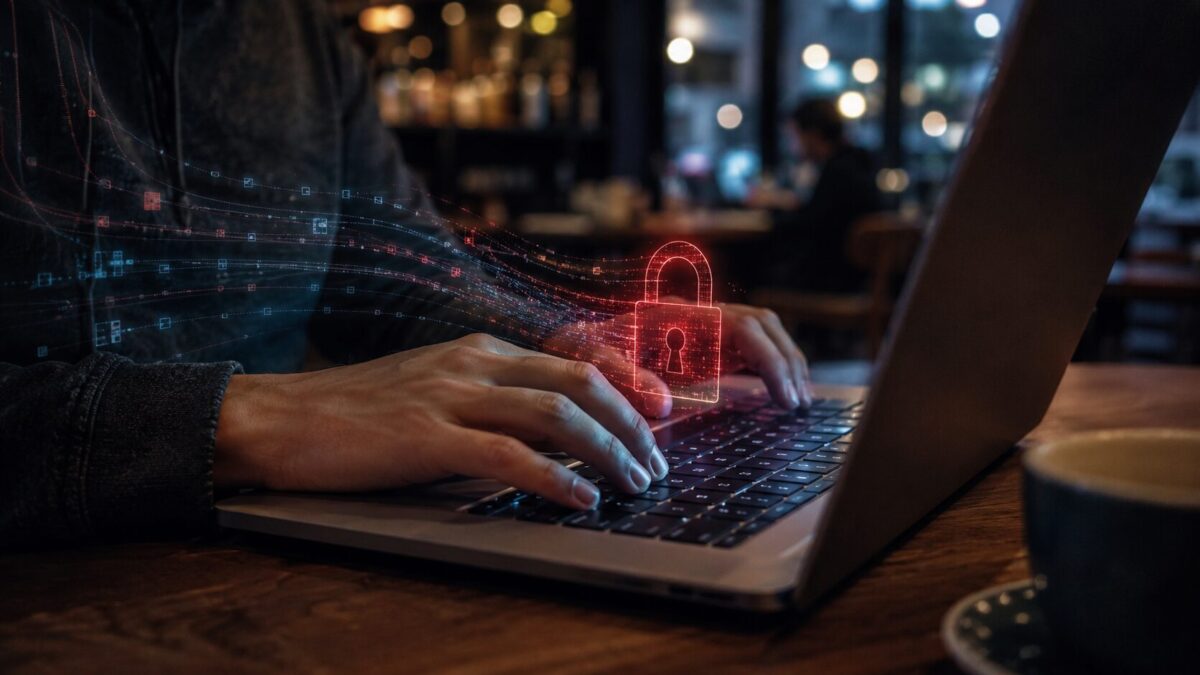 Hands typing on a laptop at a cafe with a red holographic padlock showing data interception over public Wi-Fi