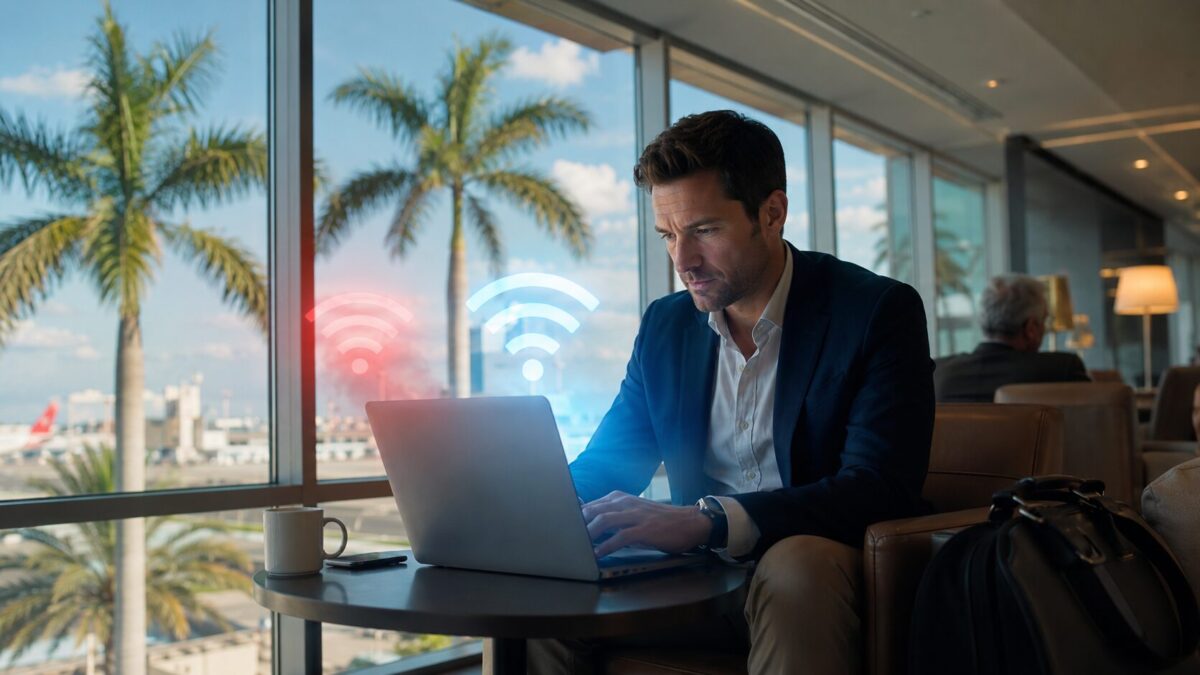 Business traveler on a laptop using public Wi-Fi at a Southwest Florida airport with a warning glow, illustrating public Wi-Fi risks in Fort Myers