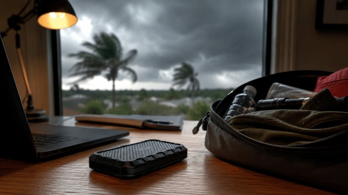 Samsung T7 Shield portable SSD on a desk with a go-bag and palm trees in a Florida storm, Fort Myers business backup
