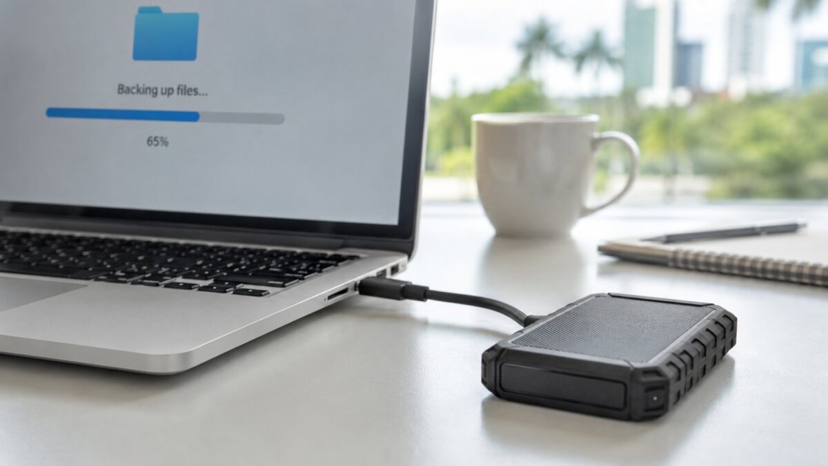 Samsung T7 Shield portable SSD plugged into a laptop showing a file backup at 85 percent in a Fort Myers office