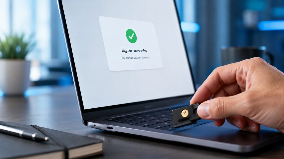 Hand tapping a hardware security key to log in, phishing resistant MFA for Fort Myers businesses