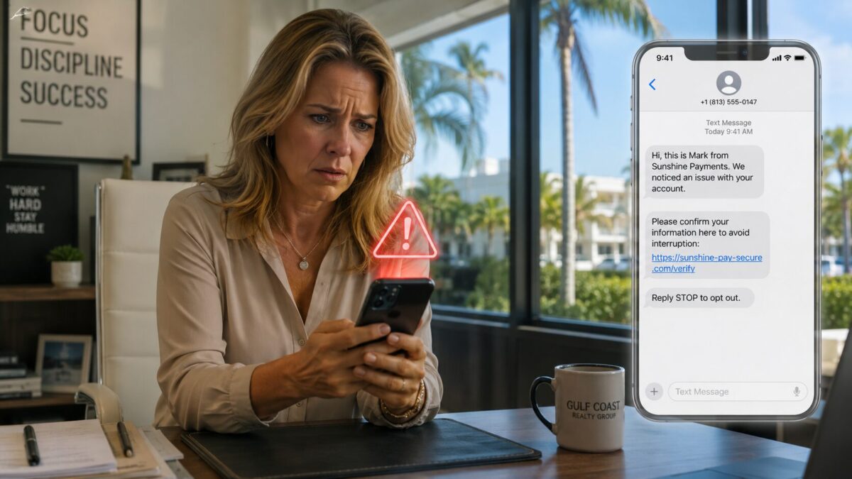 Fort Myers business owner reading a suspicious smishing text message on her phone in a sunny Florida office