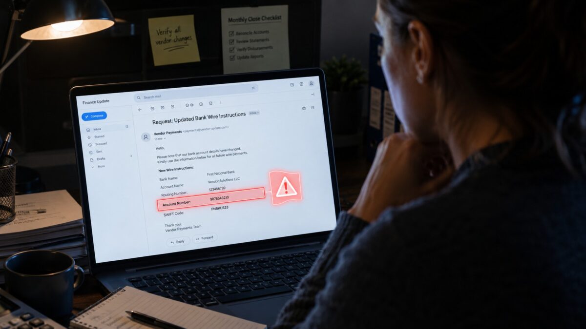 Bookkeeper viewing a fake vendor email asking to change bank wire details, business email compromise Fort Myers