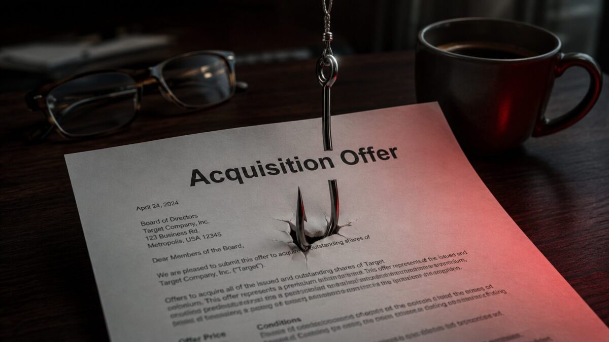 Fishing hook piercing a fake acquisition offer letter, a symbol of the buyout scam targeting Fort Myers businesses