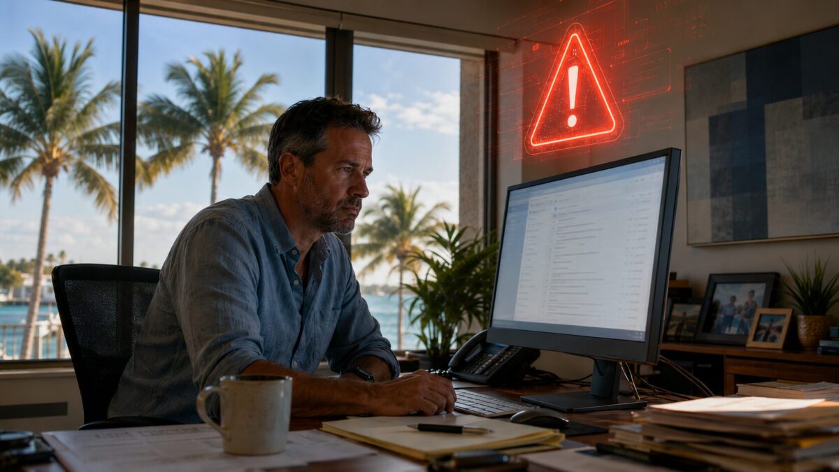 Fort Myers business owner at a desk looking at a buyout scam email with a red warning triangle on the monitor