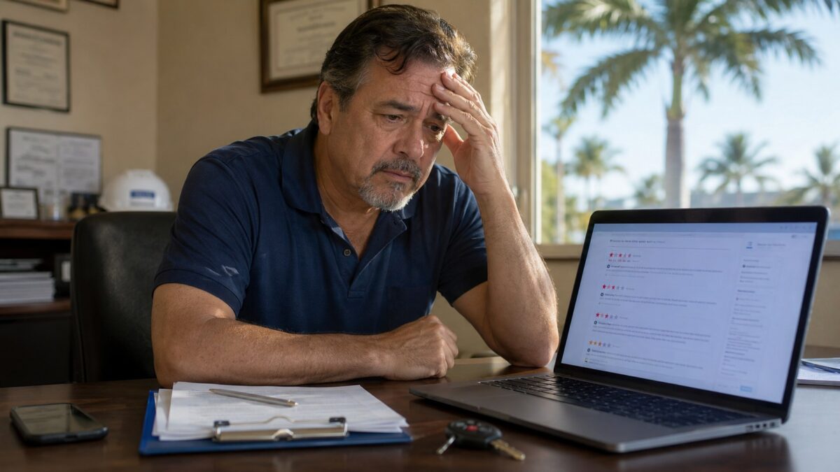 Fort Myers business owner at a desk looking at fake Google reviews with red one star ratings on his laptop