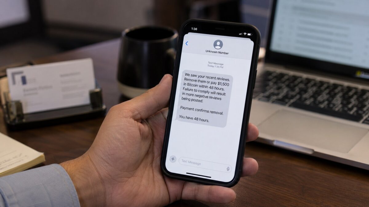 Phone showing an extortion text message demanding payment to remove fake Google reviews from a Fort Myers business