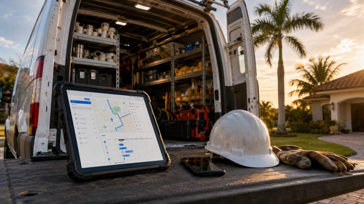 Tablet on a contractor van tailgate next to a hard hat and work gloves