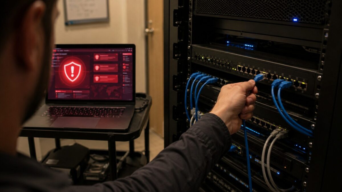 IT technician unplugging an ethernet cable from a network switch during data breach response at a Fort Myers office