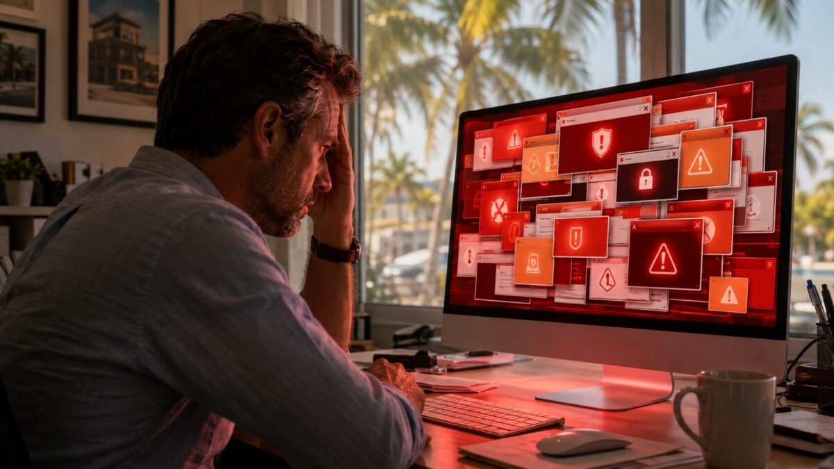 Computer screen covered in fake McAfee virus popup alerts in a Fort Myers office