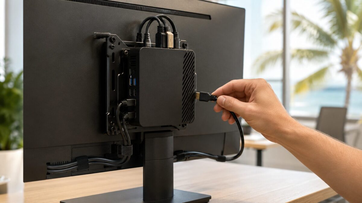 Mini PC for the office mounted behind a monitor on a VESA bracket while a hand plugs in an HDMI cable