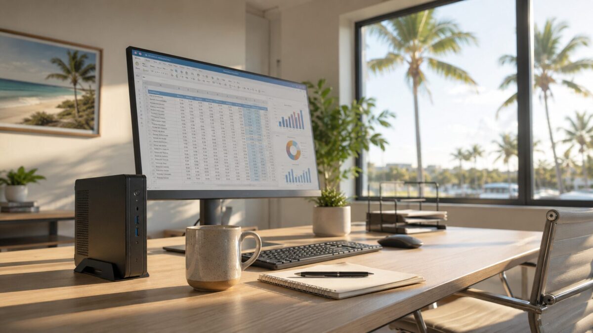 Mini PC on a Fort Myers office desk beside a monitor showing a spreadsheet with palm trees outside the window
