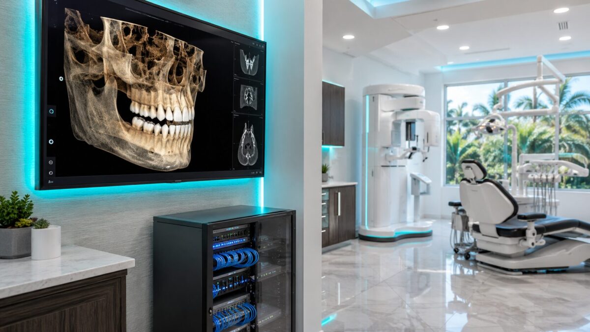 3D jaw scan displayed on an operatory monitor next to network equipment