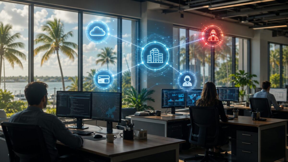 Fort Myers small business office with a vendor network diagram and one compromised vendor node glowing red