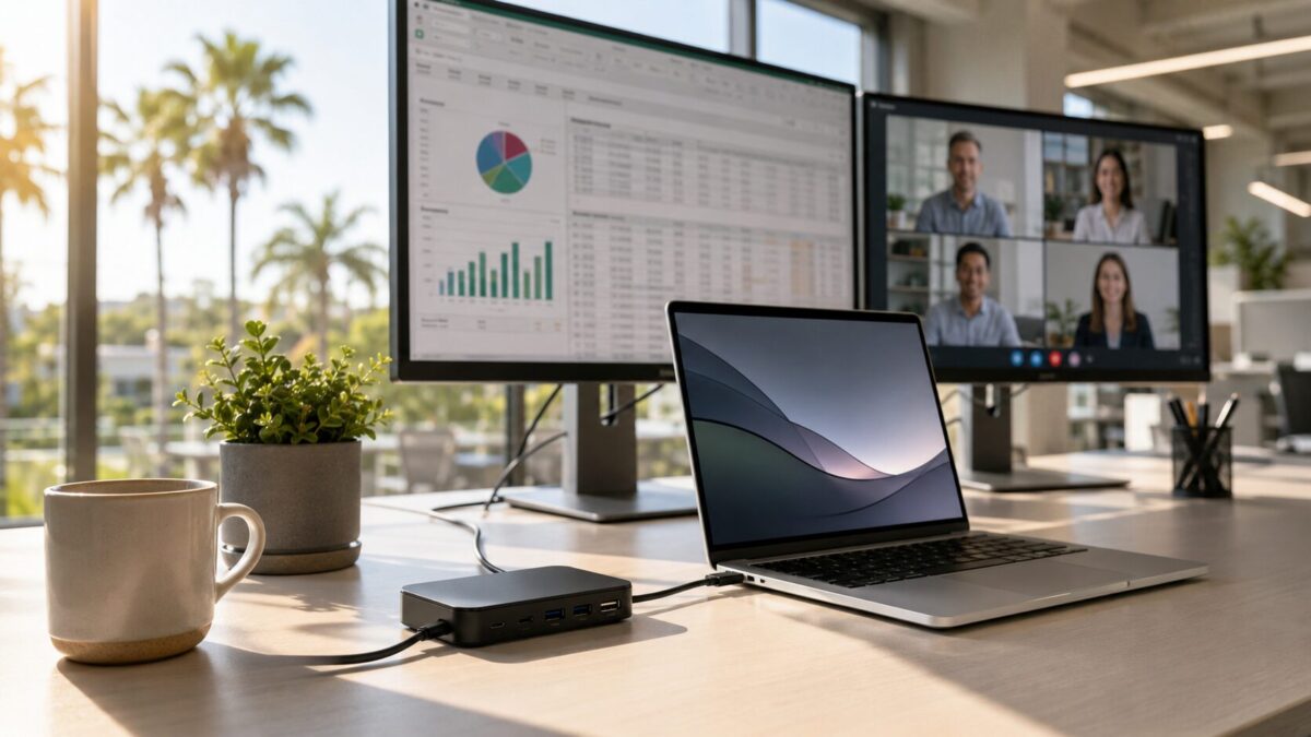 UGREEN Revodok Pro 209 USB-C docking station connecting a laptop to two monitors on a Fort Myers office desk