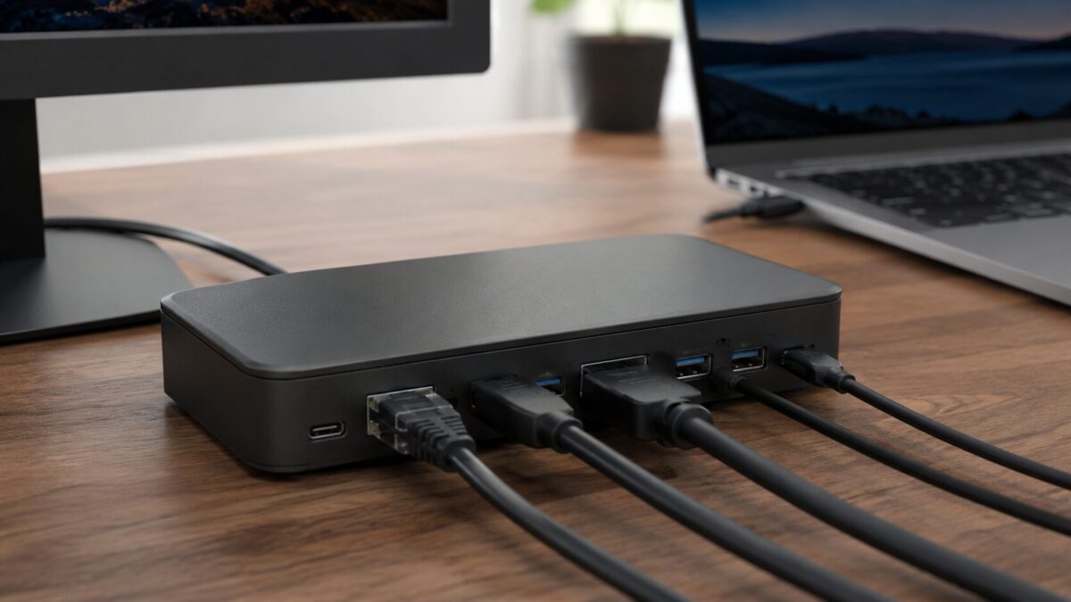 Close up of a USB-C docking station with cables plugged into the back ports on an office desk