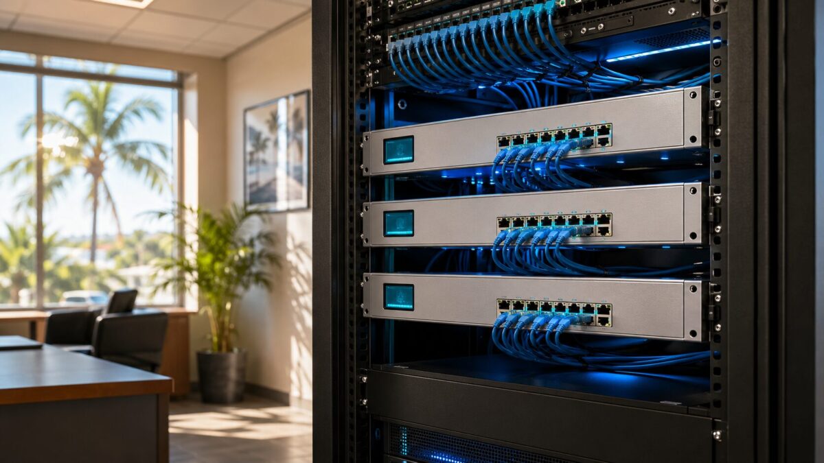 Small business network rack with three rackmount appliances and blue ethernet cabling in a Fort Myers office