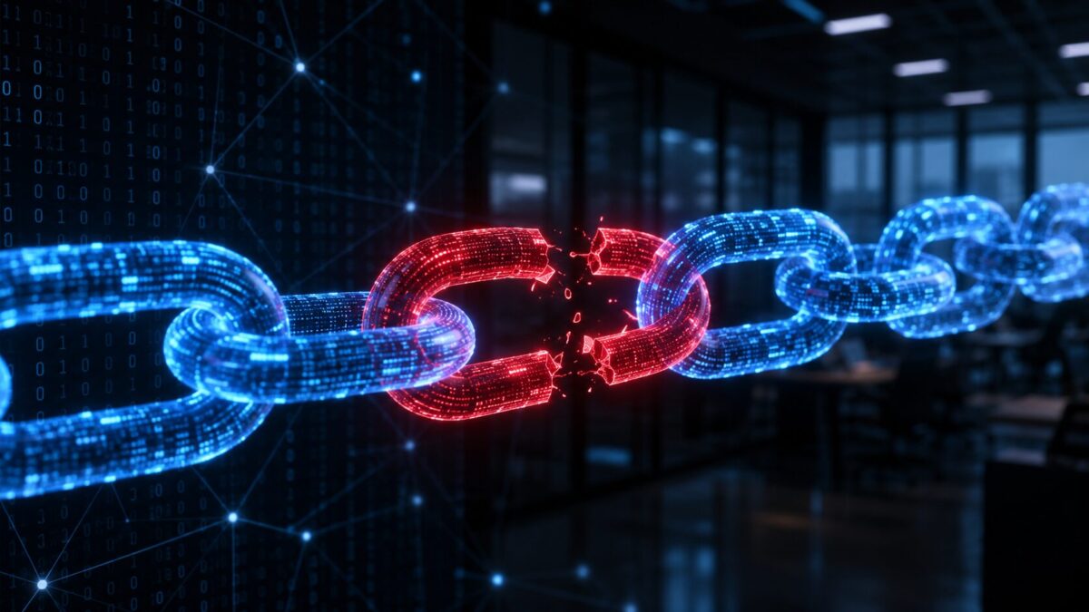 Digital chain with one cracked red link showing a weak vendor in a small business supply chain