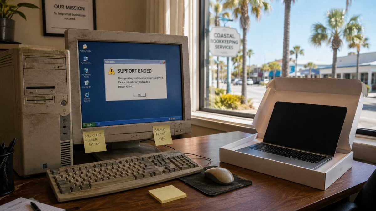 Old office desktop showing a support ended warning next to a new laptop, Windows 10 end of support in Fort Myers