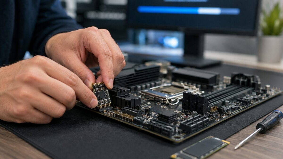 IT technician installing a TPM security chip on a motherboard for a Windows 11 upgrade in Fort Myers