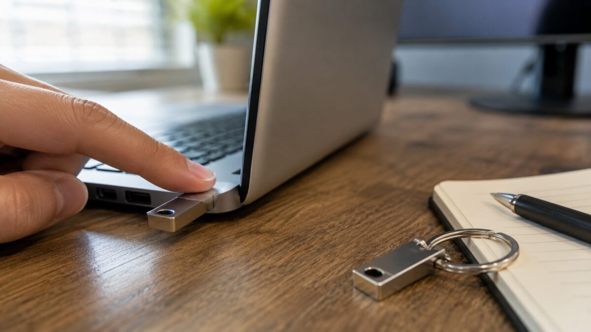 USB hardware security key plugged into a laptop with a backup key on a keyring, used for passkeys at a Fort Myers office