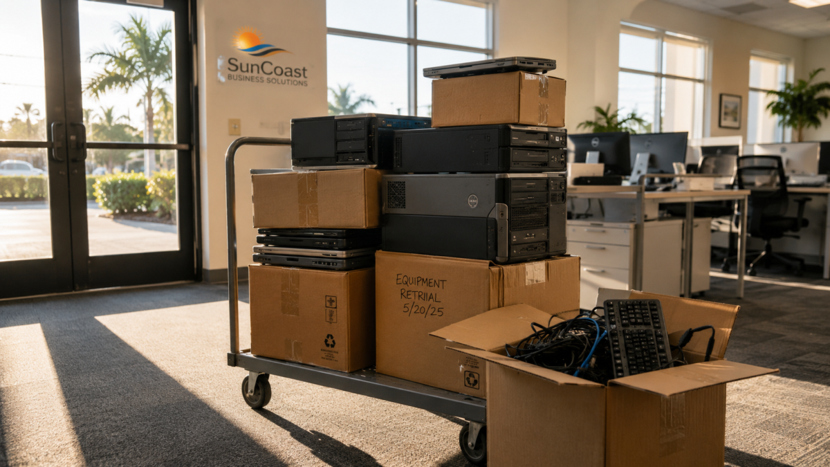 Old desktop computers and laptops boxed up for computer disposal at a Fort Myers office