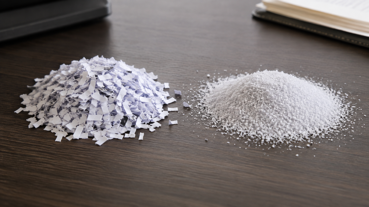 P-4 cross cut particles next to much smaller P-5 micro cut particles on an office desk