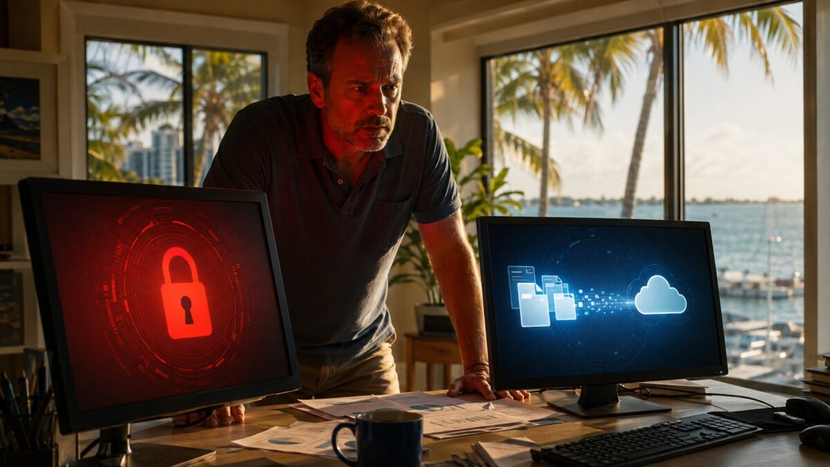 Double extortion ransomware Fort Myers office scene with a red lock screen on one monitor and files copying out on the other