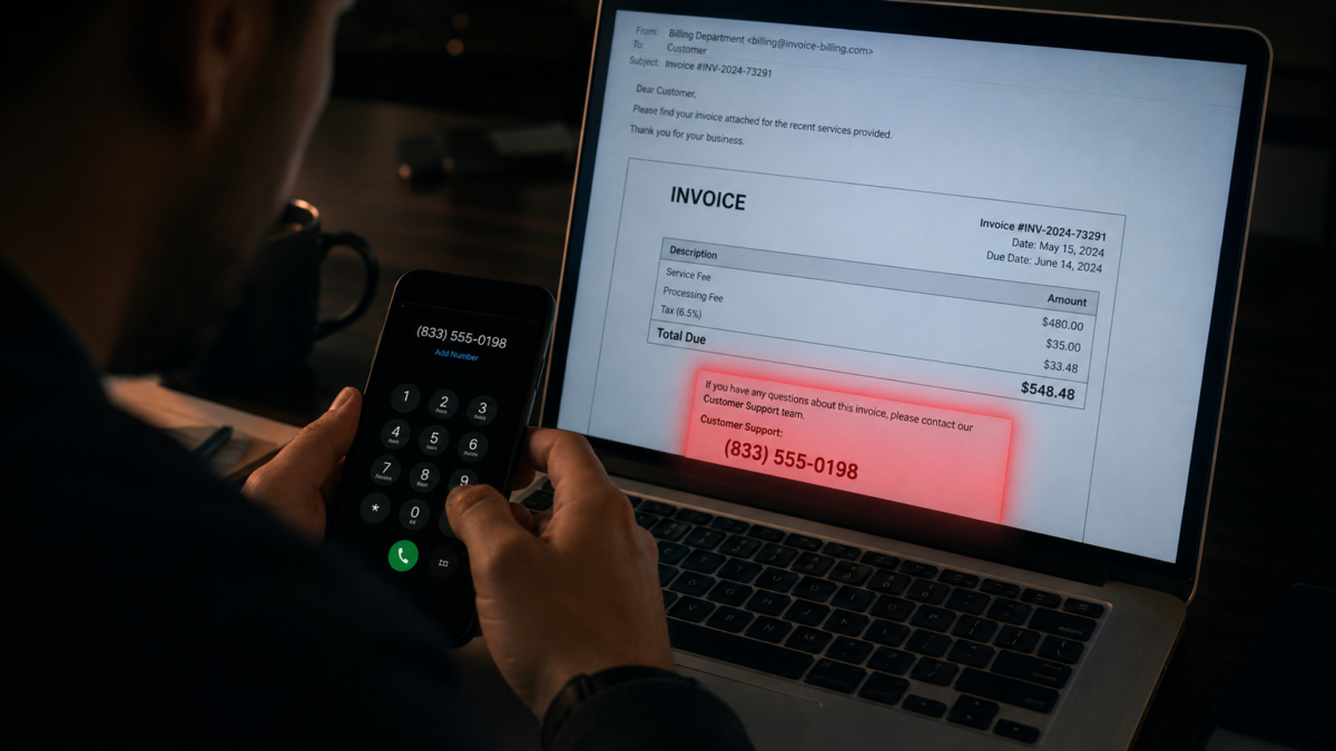 Hand dialing the callback number from a fake QuickBooks invoice email