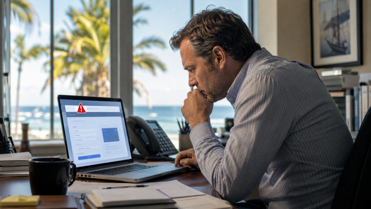 Fake website scams Fort Myers: business owner spotting a payment site warning on a laptop in a sunny office