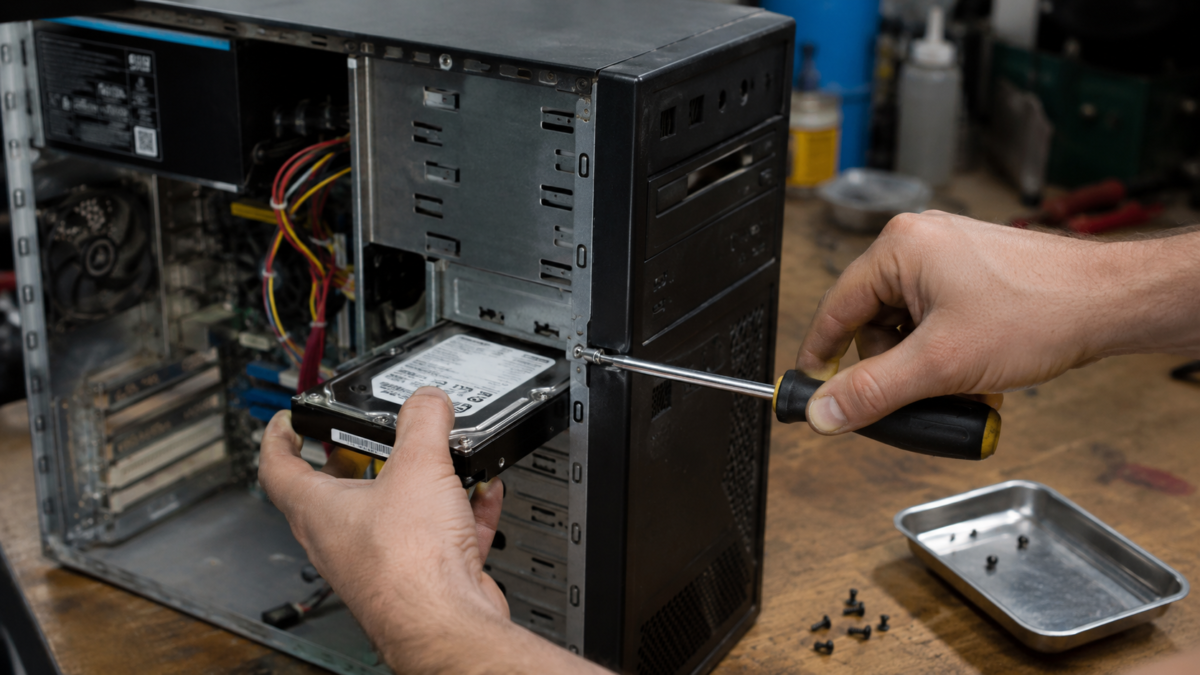 Removing a hard drive from an old desktop tower with a screwdriver before disposal