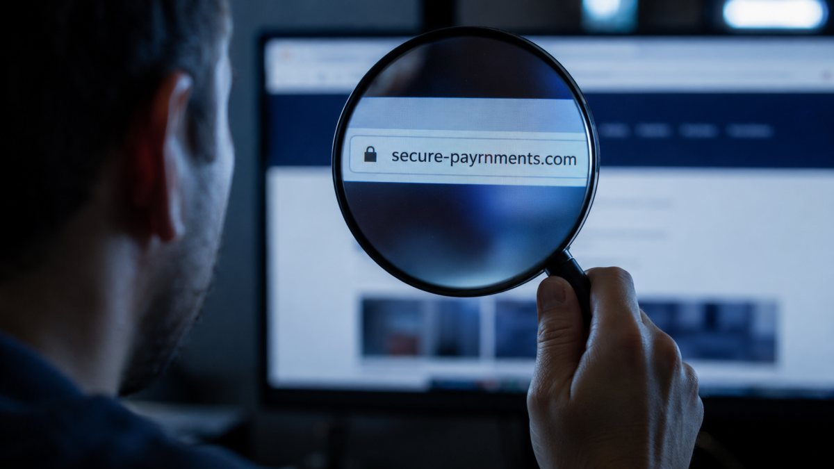 Magnifying glass over a browser address bar showing a misspelled fake website address, a common scam hitting Fort Myers businesses