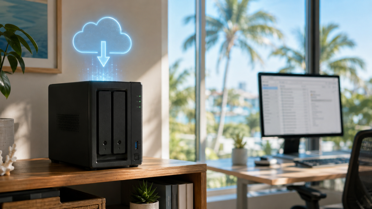 Two bay Synology NAS on an office shelf handling Microsoft 365 backup in a Fort Myers office with palm trees outside