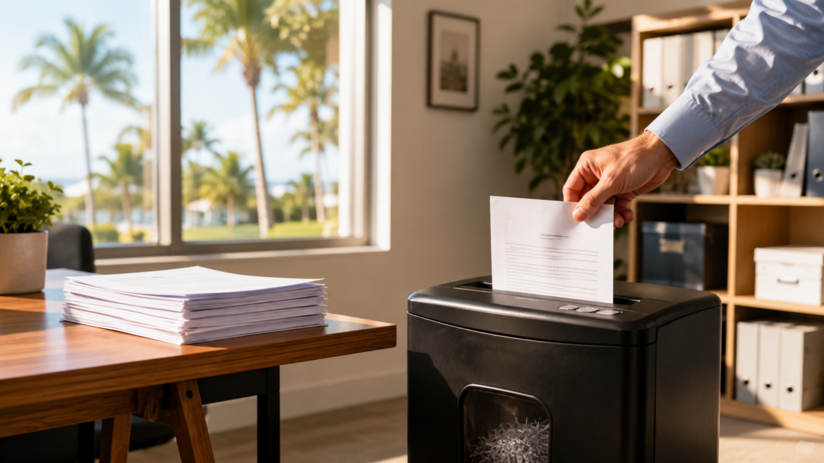 Office paper shredder in use at a Fort Myers small business desk with documents stacked nearby