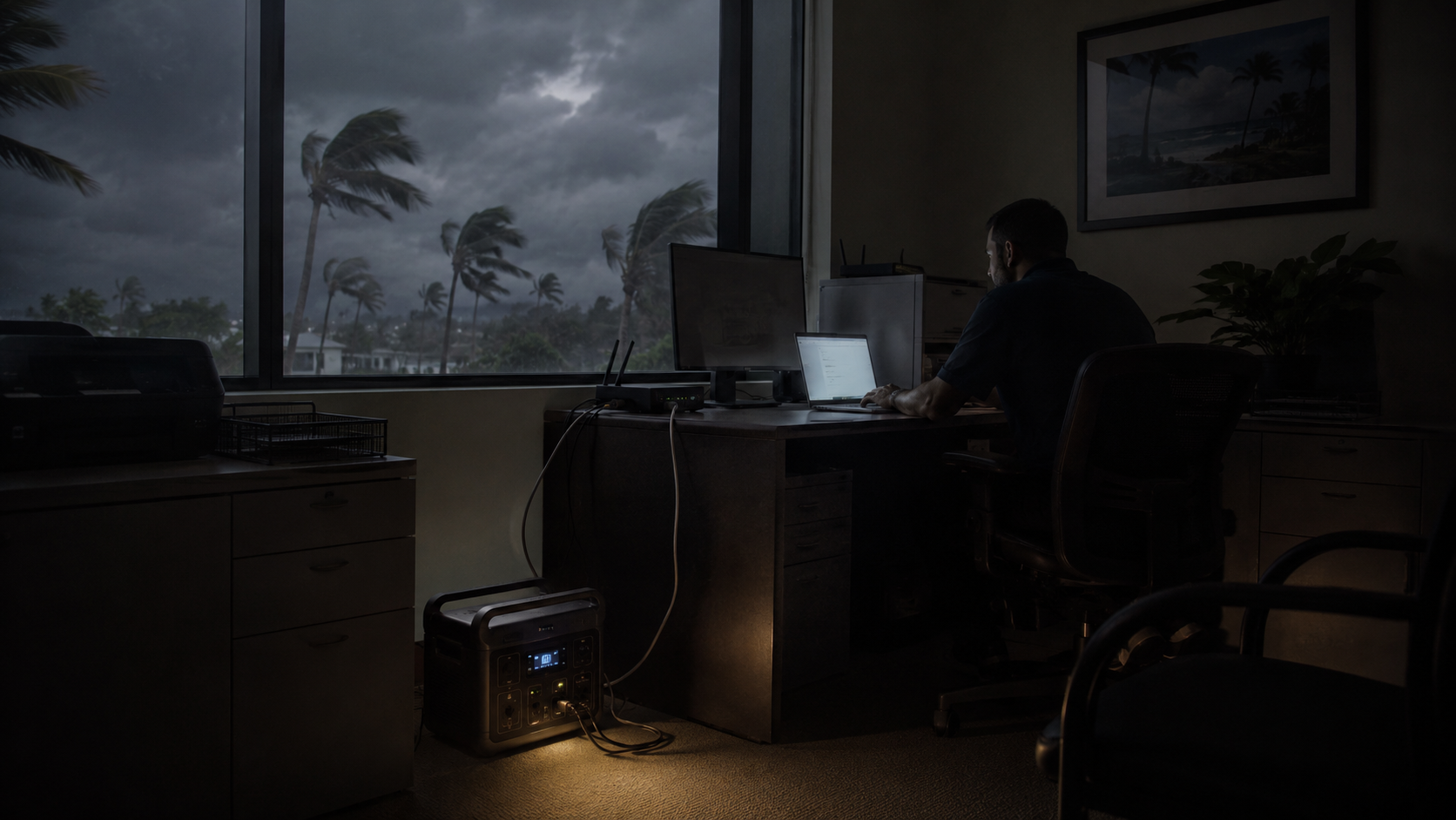 Power station vs UPS: portable power station keeping a Fort Myers office laptop and router running during an outage