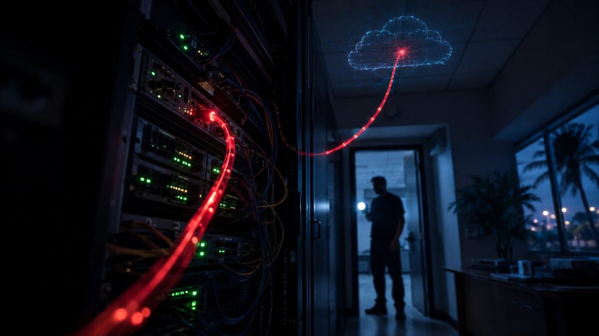 Server closet in a Fort Myers office with a red cable showing data leaving the network before ransomware encrypts it