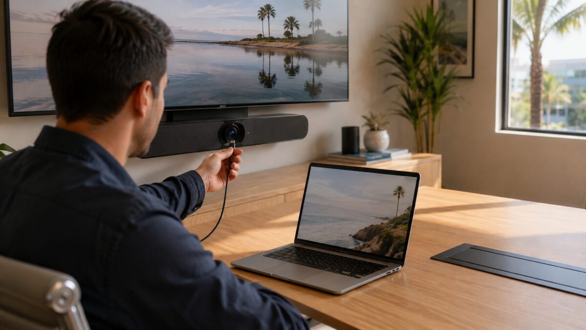 Person connecting a laptop to a conference room video bar with one USB-C cable in a Fort Myers office