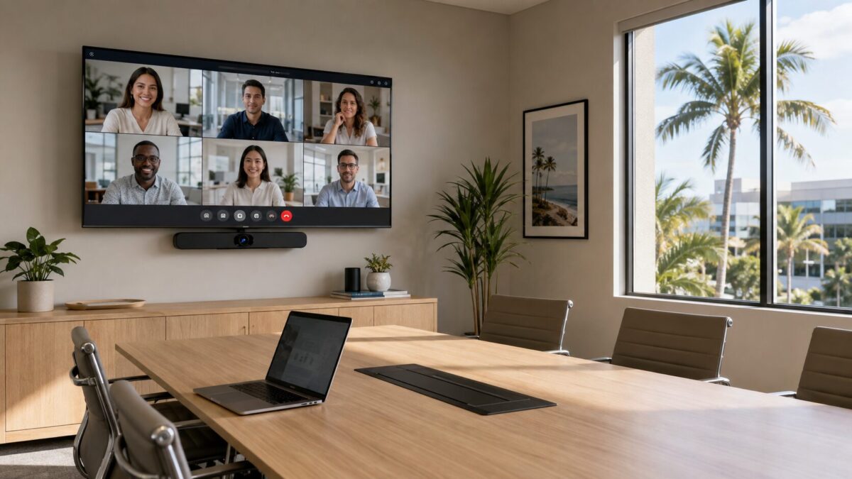 Small conference room in a Fort Myers office with a video bar mounted under a wall TV showing a video call