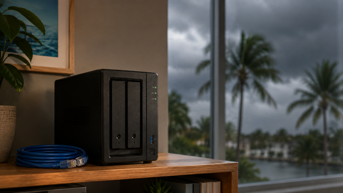 Two bay NAS with green status light on an office shelf, storm clouds over palm trees outside a Fort Myers office window