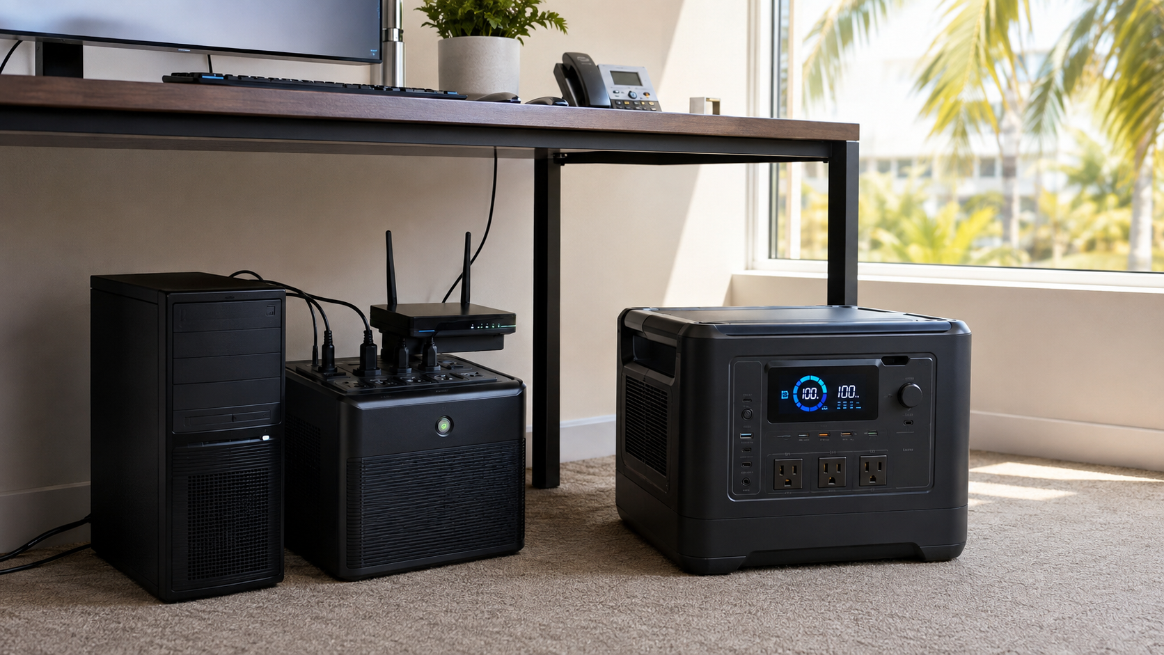 Compact UPS under a desk next to a portable power station on the floor of a sunny Florida office