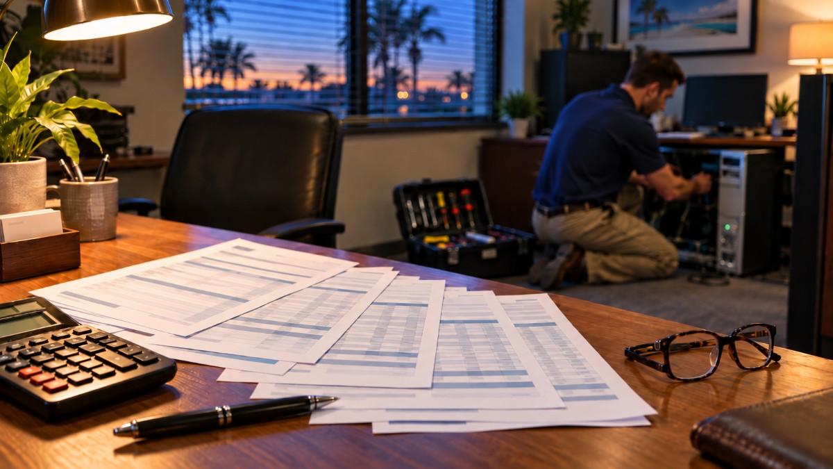 Stack of itemized computer repair invoices on a desk while a technician works on a PC in a Fort Myers office