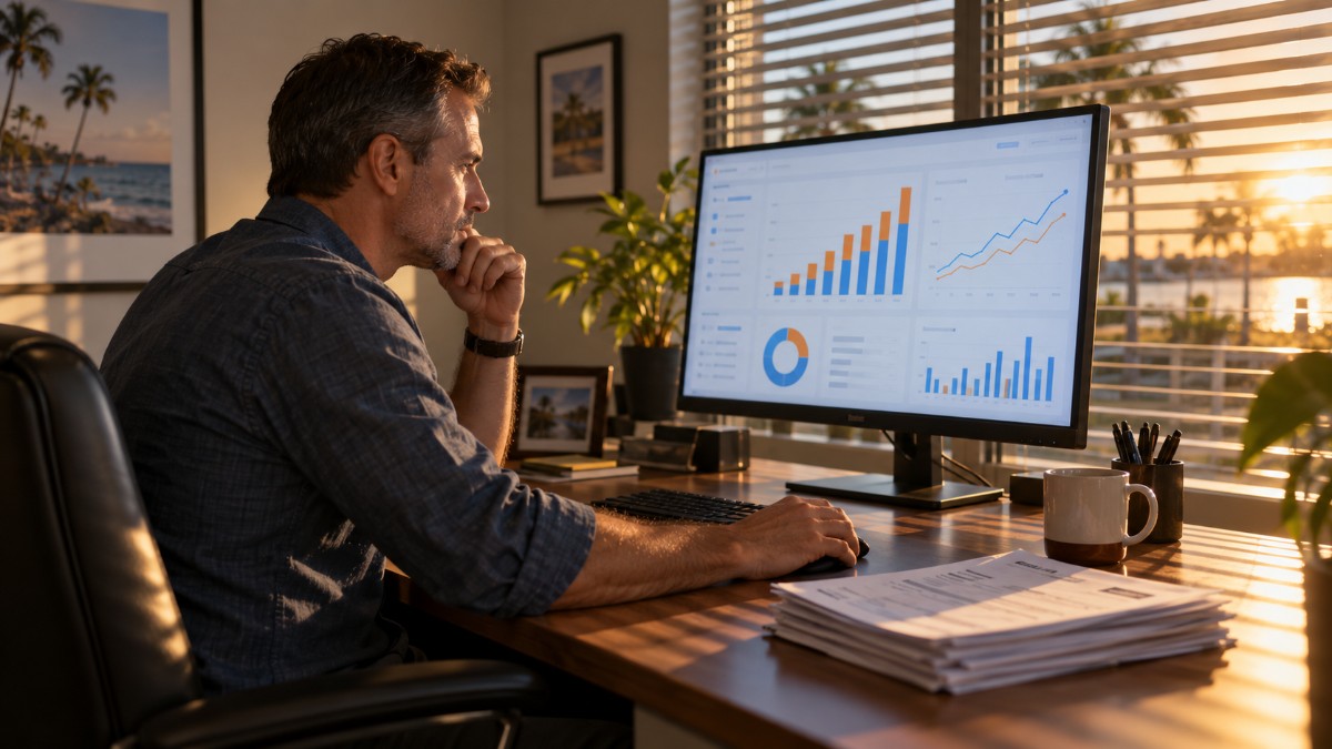 Fort Myers small business owner reviewing rising cloud billing charts on a desktop monitor