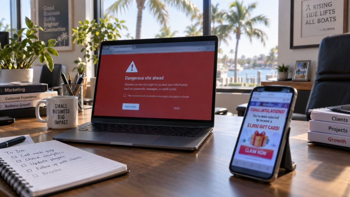 Laptop showing a browser security warning for a hacked WordPress site in a Fort Myers office, phone beside it redirecting to spam