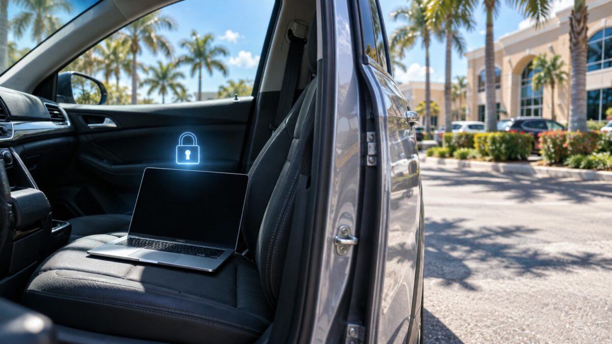 Business laptop left on a car passenger seat in a sunny Fort Myers office parking lot, showing why laptop encryption matters for Fort Myers businesses