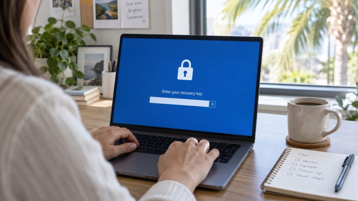 Office worker at a laptop showing a blue full disk encryption lock screen asking for a recovery key, the kind of laptop encryption Fort Myers businesses should turn on