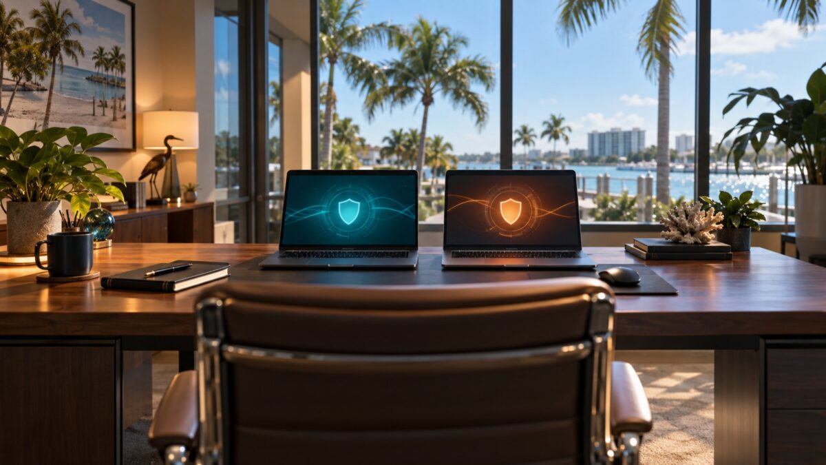 Malwarebytes Teams vs Bitdefender endpoint protection compared on two laptops in a Fort Myers FL small business office