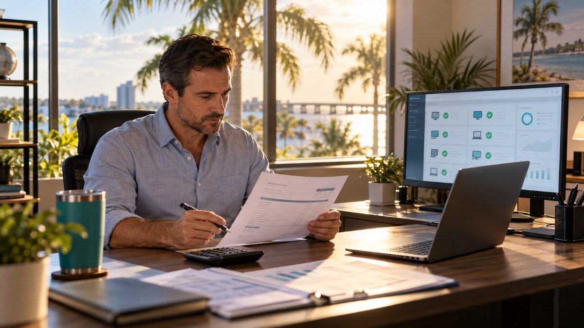 Fort Myers business owner reviewing a managed IT cost invoice at a desk with palm trees outside the window