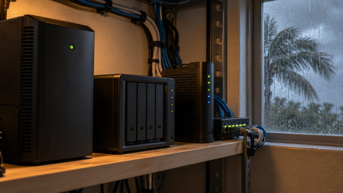 Battery backup, network storage box and switch on an office closet shelf during a Fort Myers storm